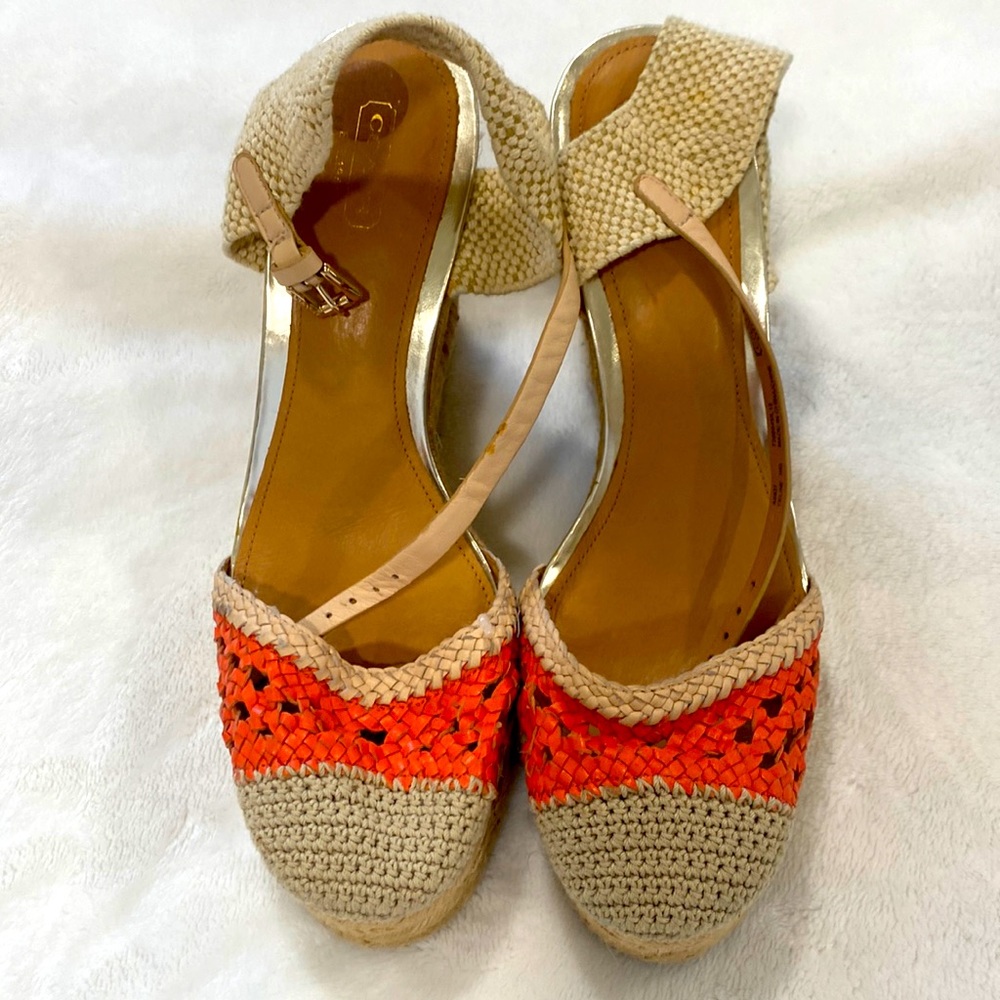 Coach Cognac Brown Leather Caged T-Strap Espadrille Wedge Strappy Sandals Brown